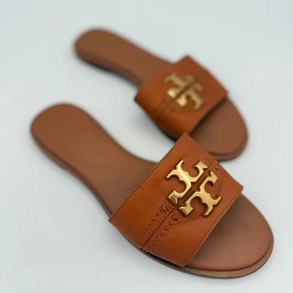 Tory Burch Everly Slide Sandals Womens 7M Tan Leather Gold Logo Flat Summer Chic